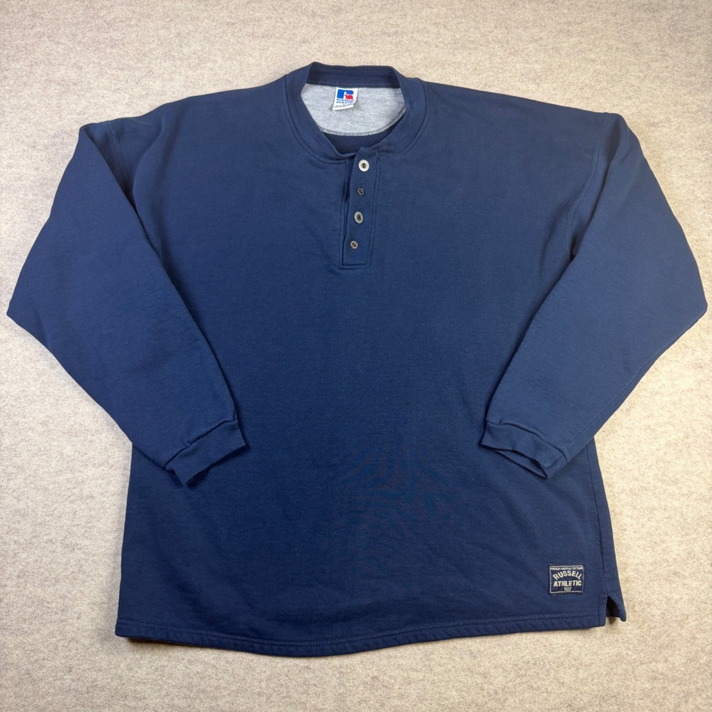 Vintage Russell Athletic Henley Sweatshirt Navy Blue Made in USA Mens Large
